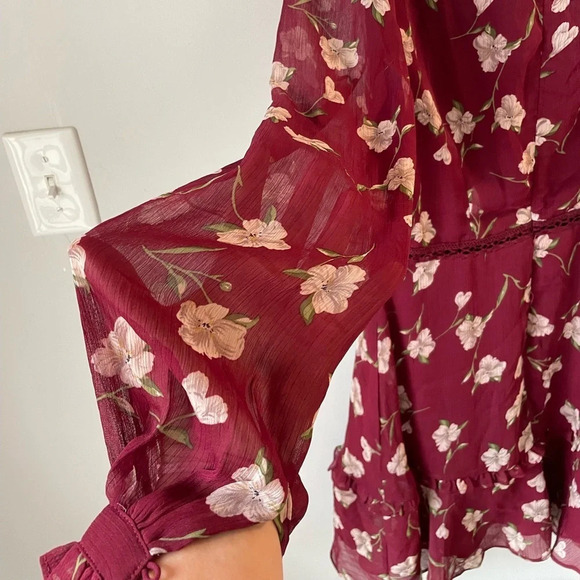 LucyParis, burgundy floral high neck dress with sheer puff sleeves, size XS, EUC - Picture 5 of 8
